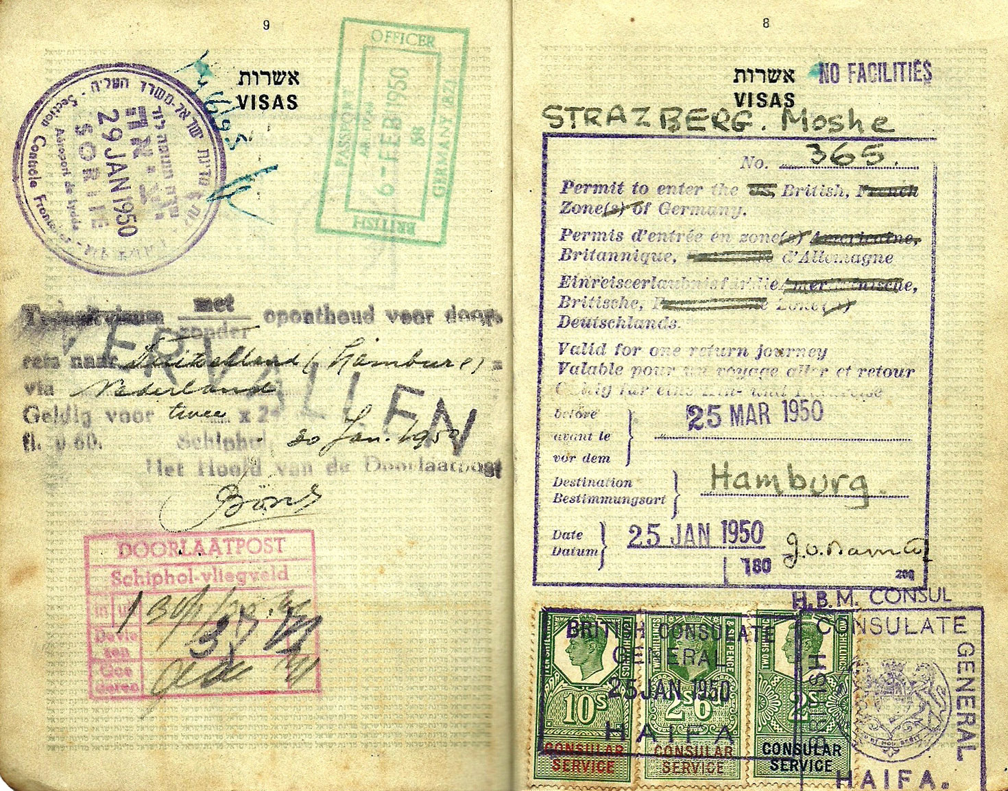 British zone entry permit to Germany - Israel 1950