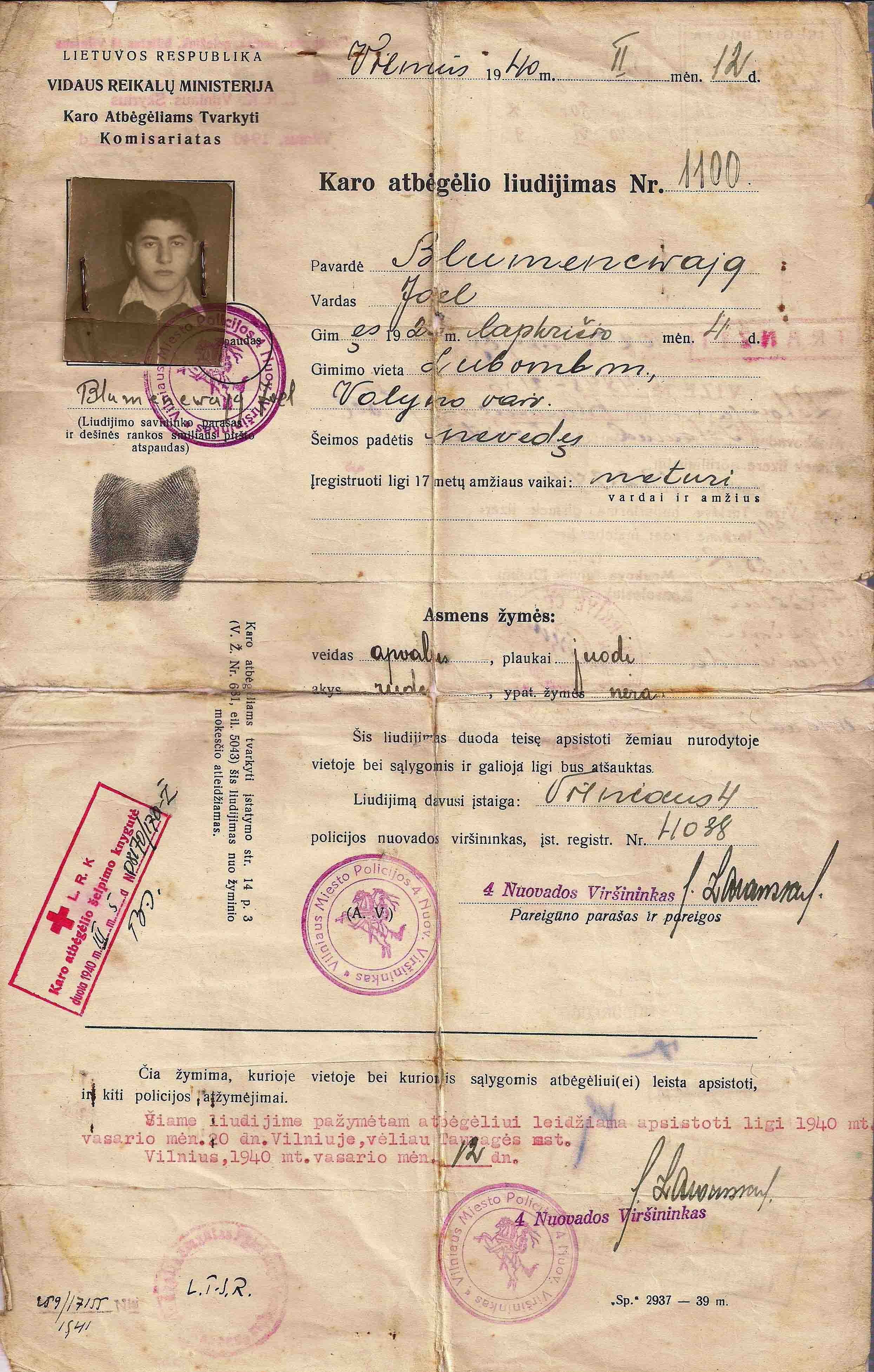1940 Refugee travel certificate – Lithuania