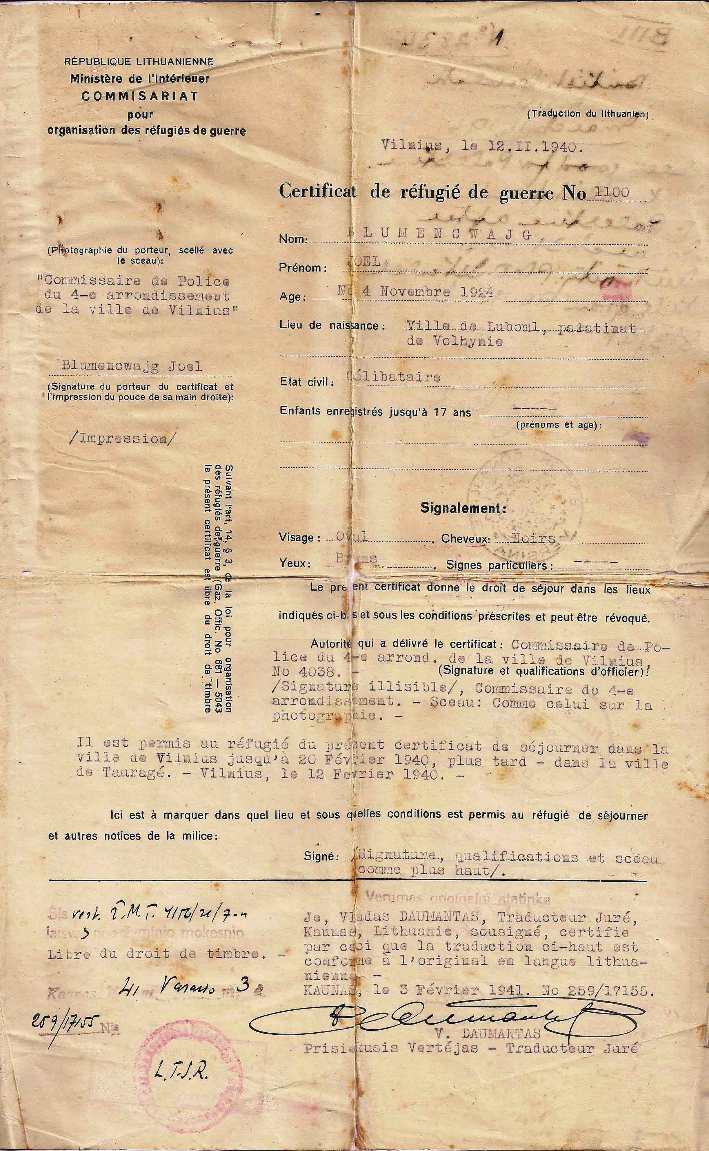 1940 Refugee travel certificate – Lithuania