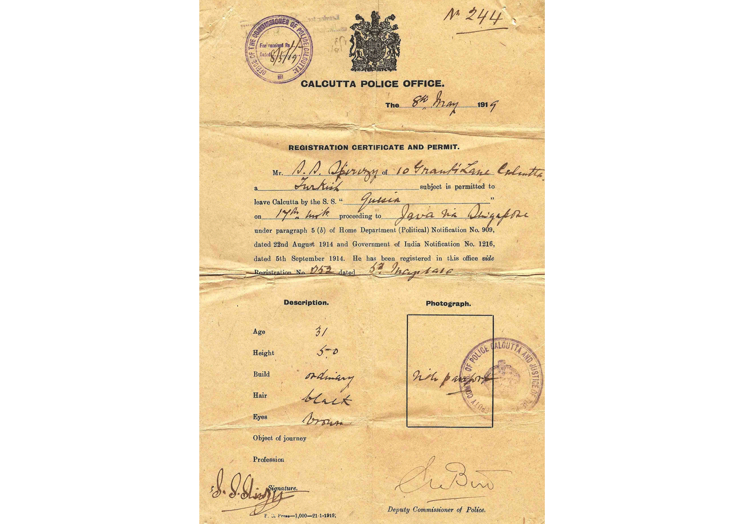 1919 interesting travel permit – Bombay