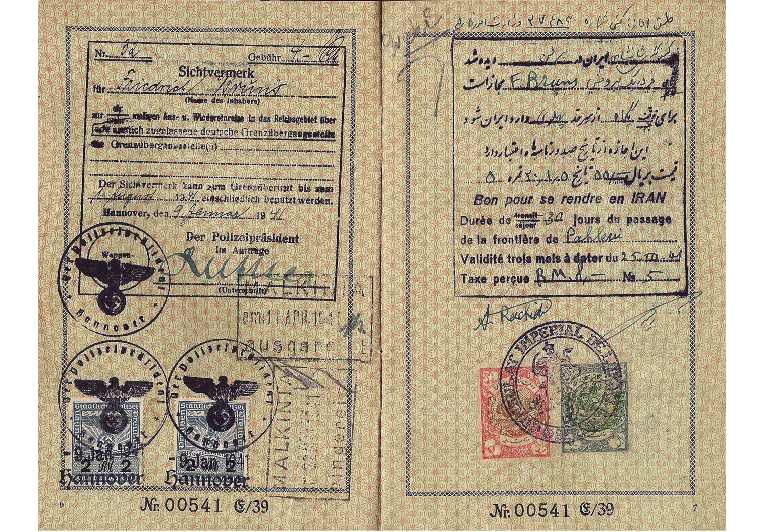 Iranian visa WW2 - German passport