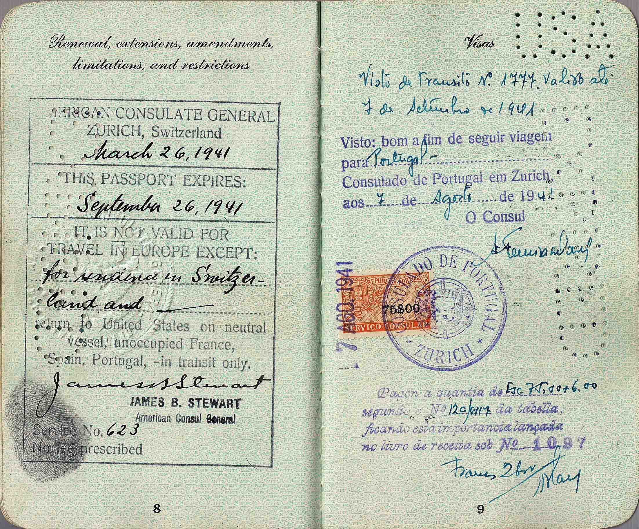US 1941 neutral visa in a passport, issued in Zurich.