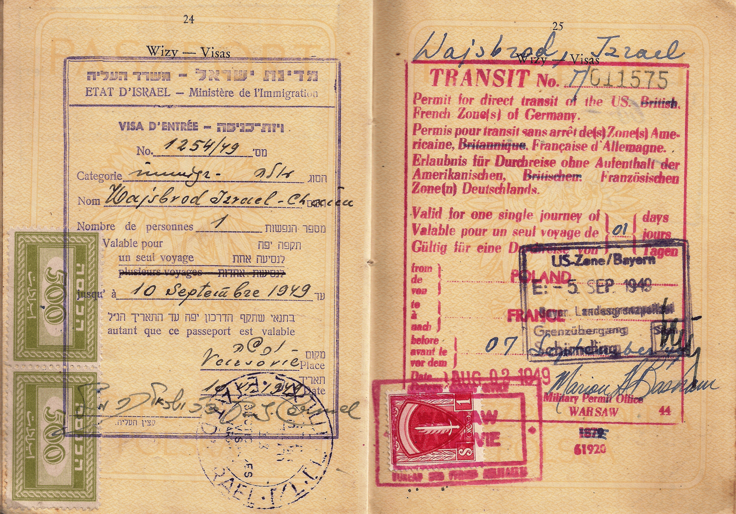 Israel & Allied visas late usage by September 1949