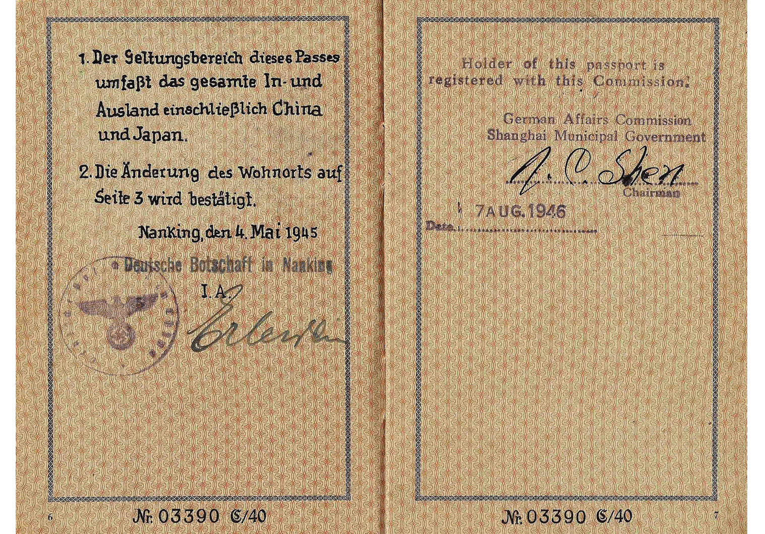 German passport issued in China WW2