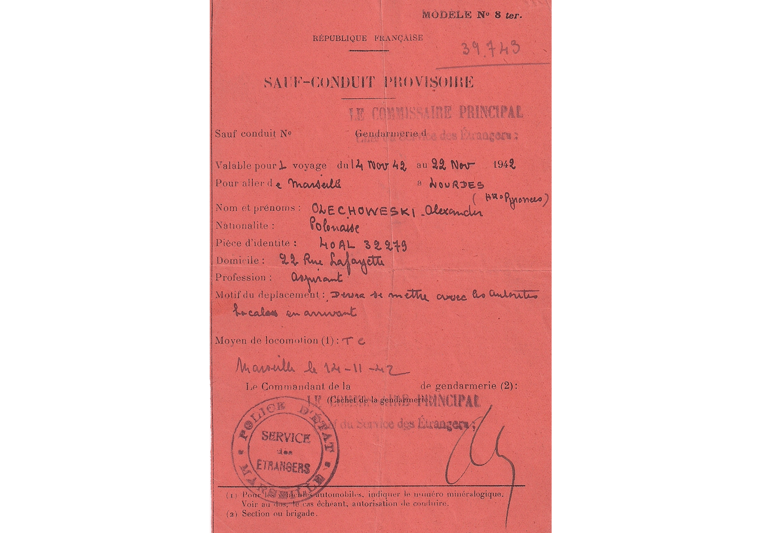 WW2 French travel document