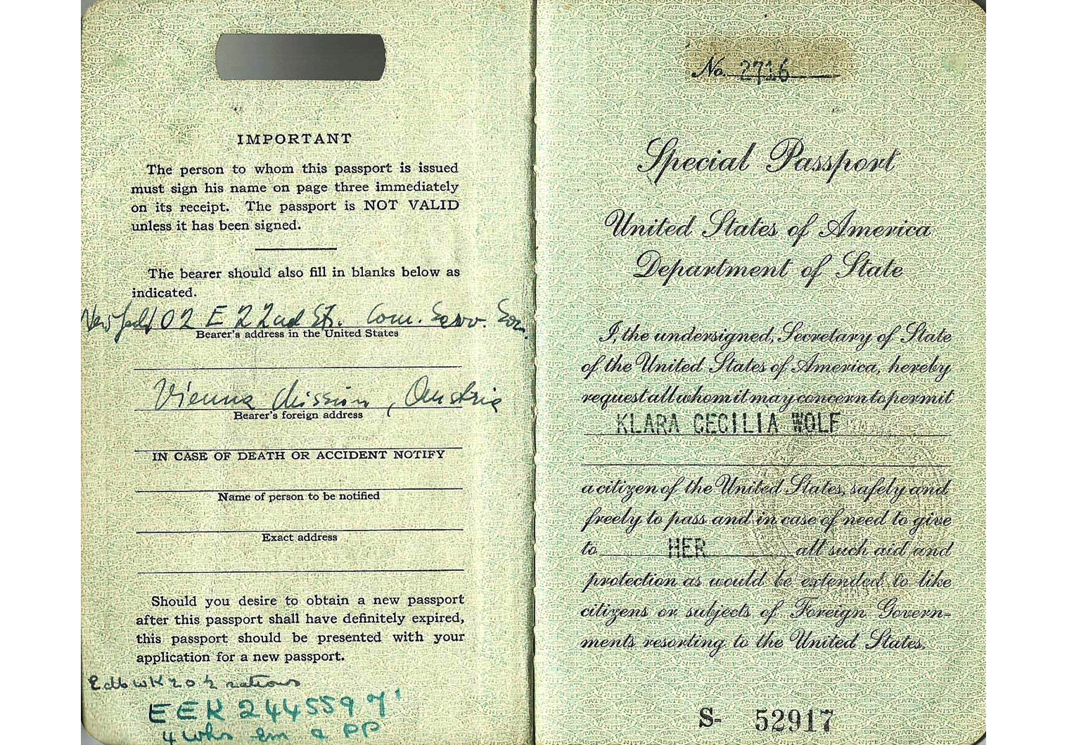 1945 US special passport for Vienna