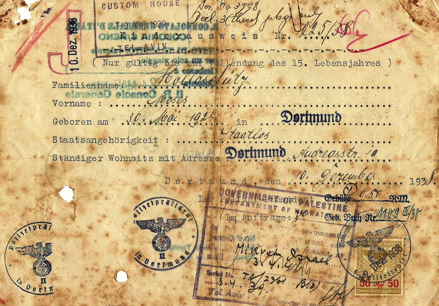 J stamped Jewish travel document for children