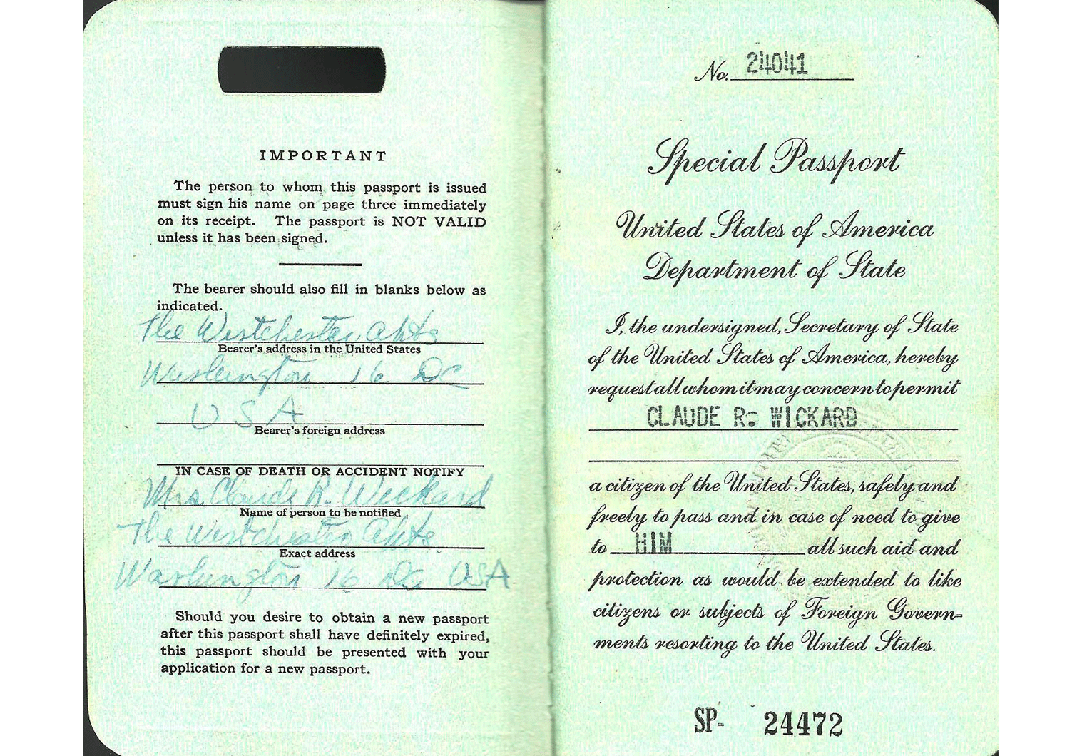 1951 US Special Passport - Claude R.Wickard