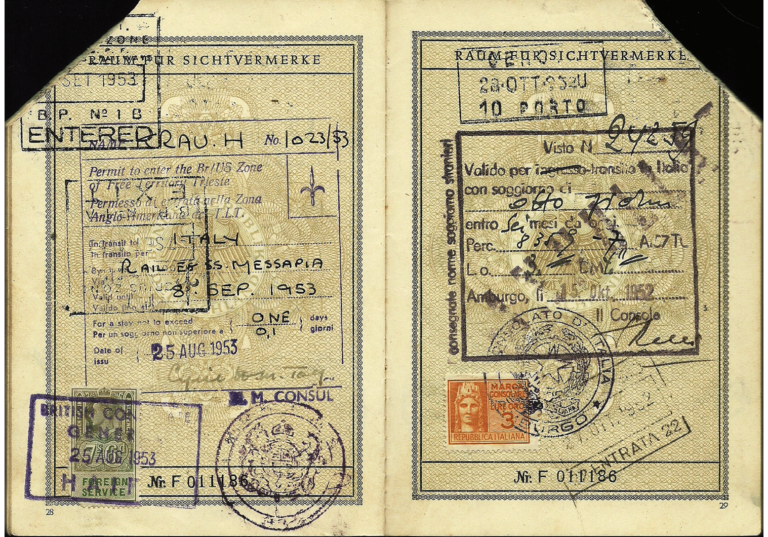 TRIESTE - Allied Identity card in post-war occupational zone in Europe.
