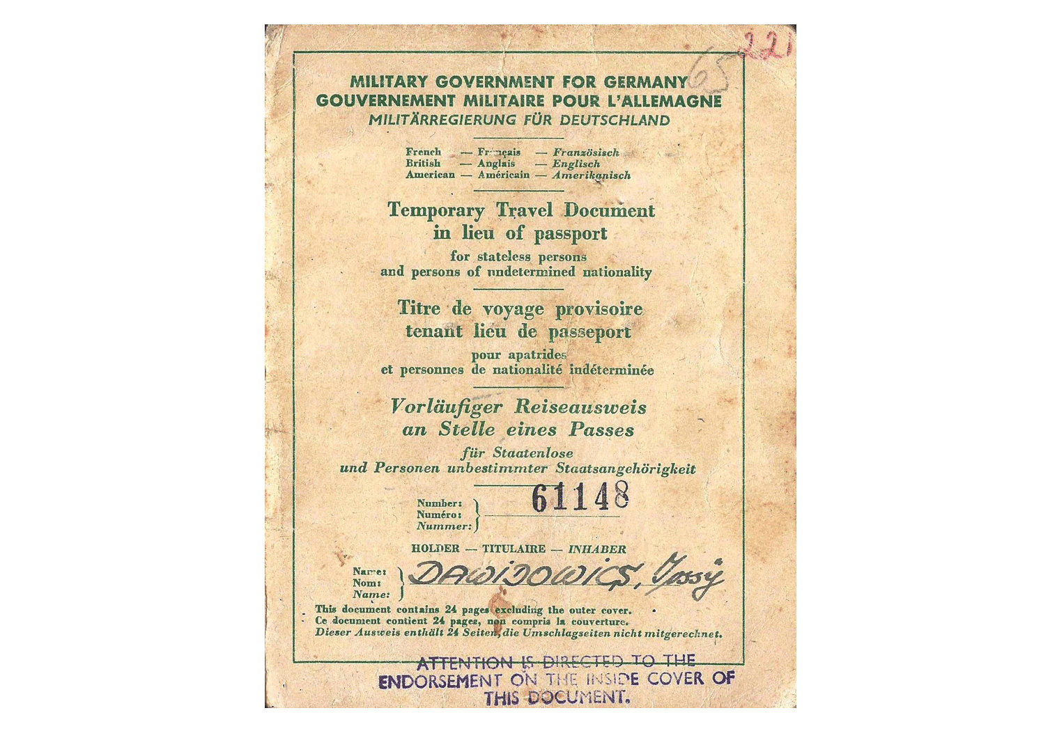 Allied Military Government travel document.