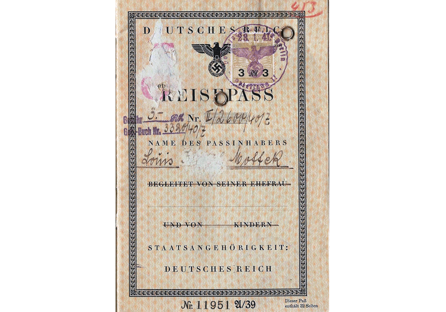 J stamped German passport from 1941