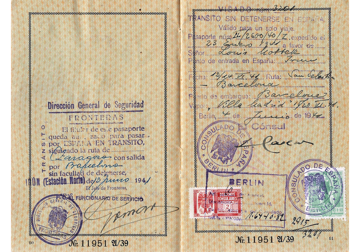 J stamped German passport from 1941 used for Spain