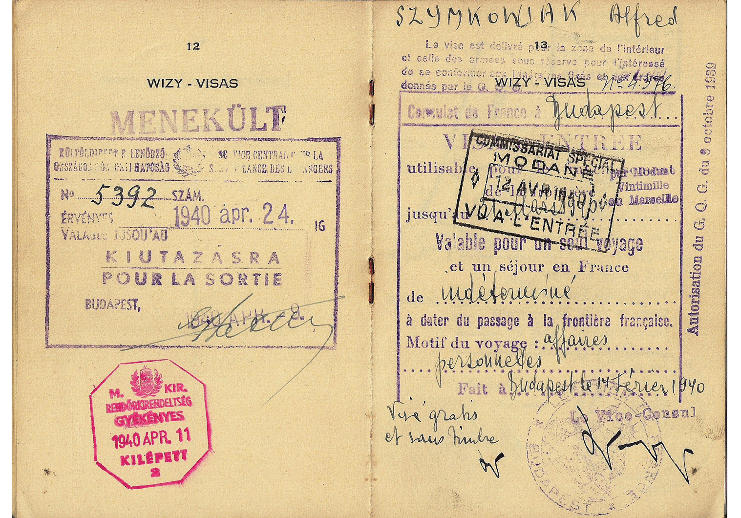 WW2 Hungarian refugee document visa