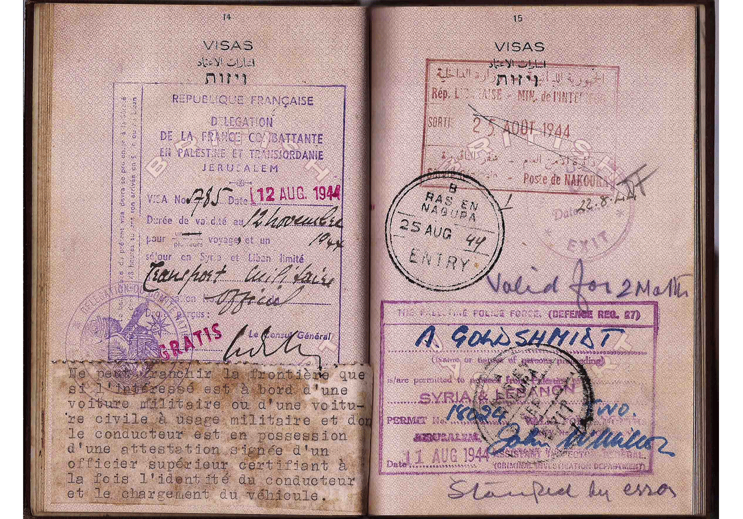 WWII French passport visa
