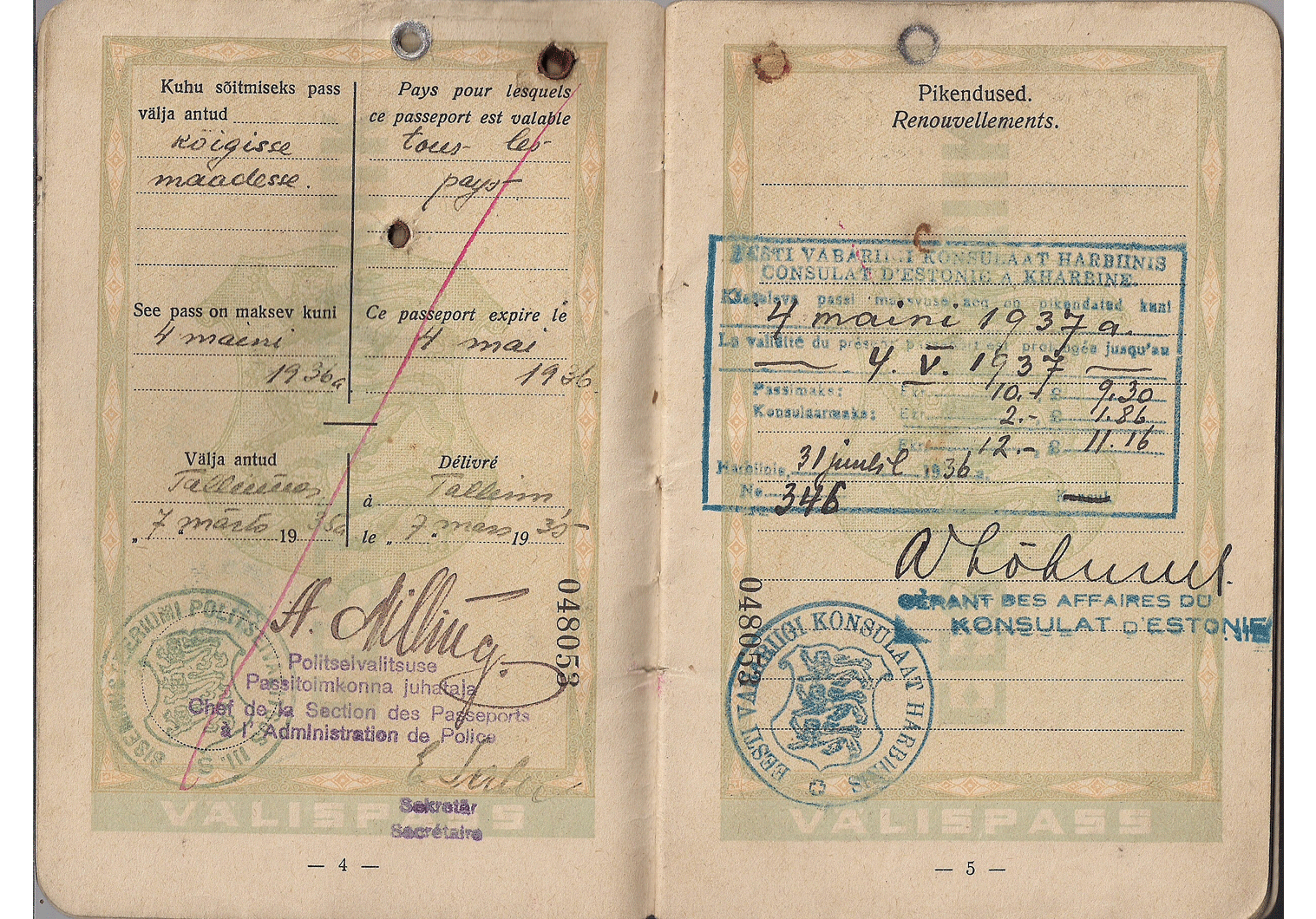 Estonian passport used in Manchuria