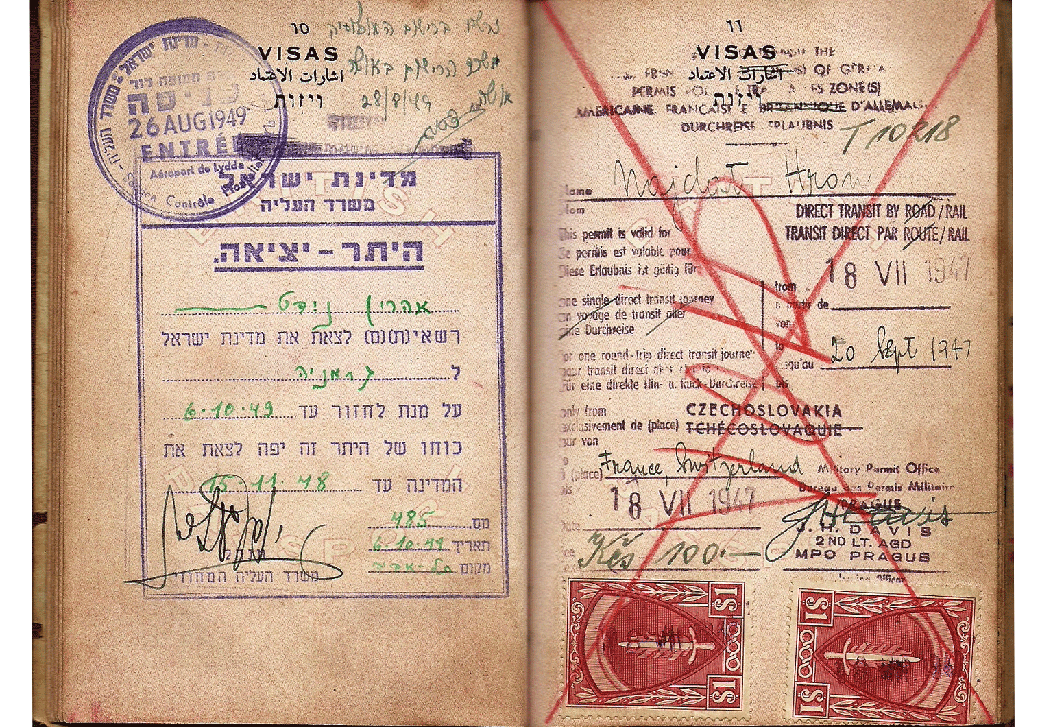 1948 early Israeli visa inside a passport