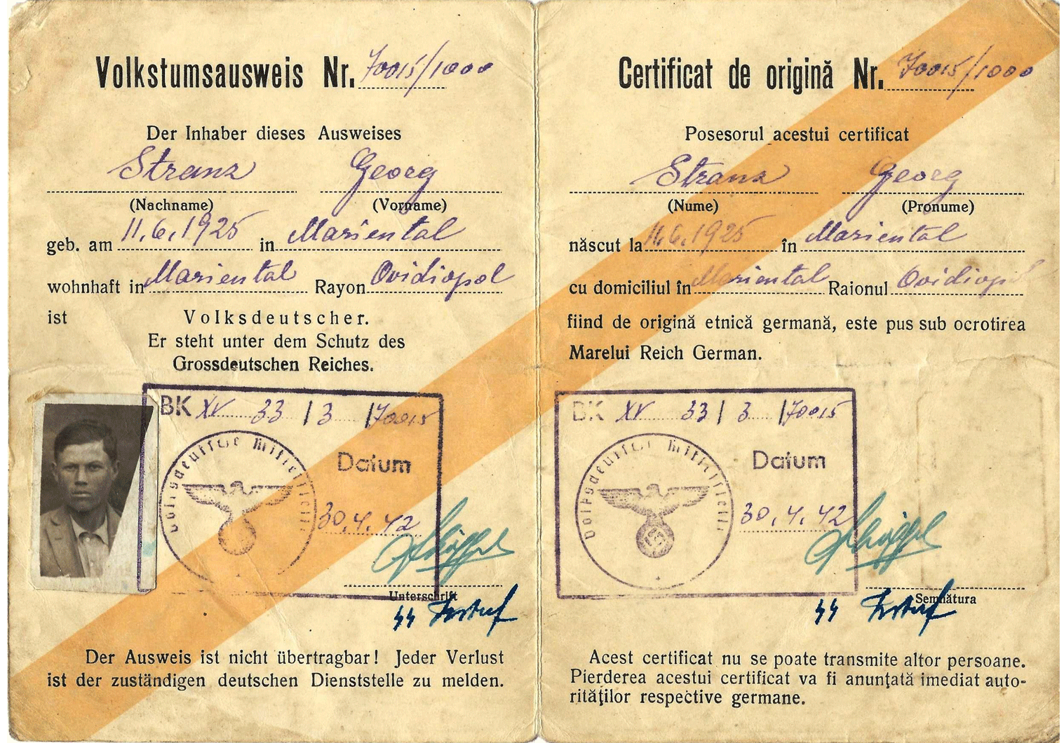 SS Volksdeutsche ausweis from Romania