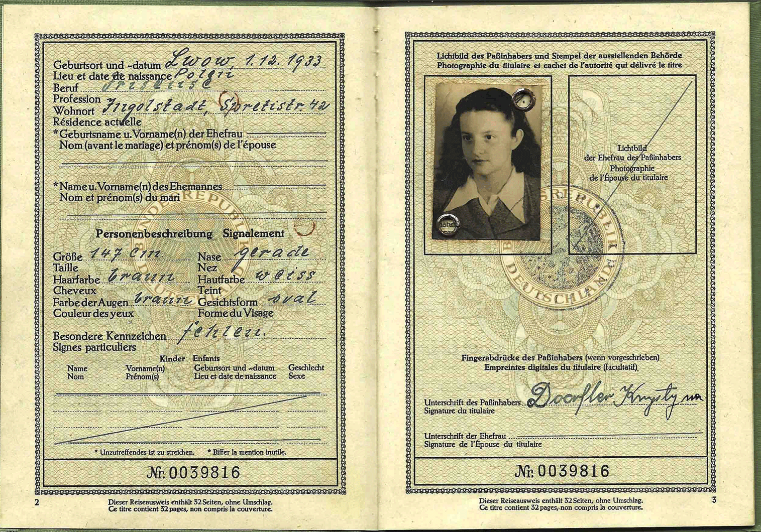 1952 Refugee travel document