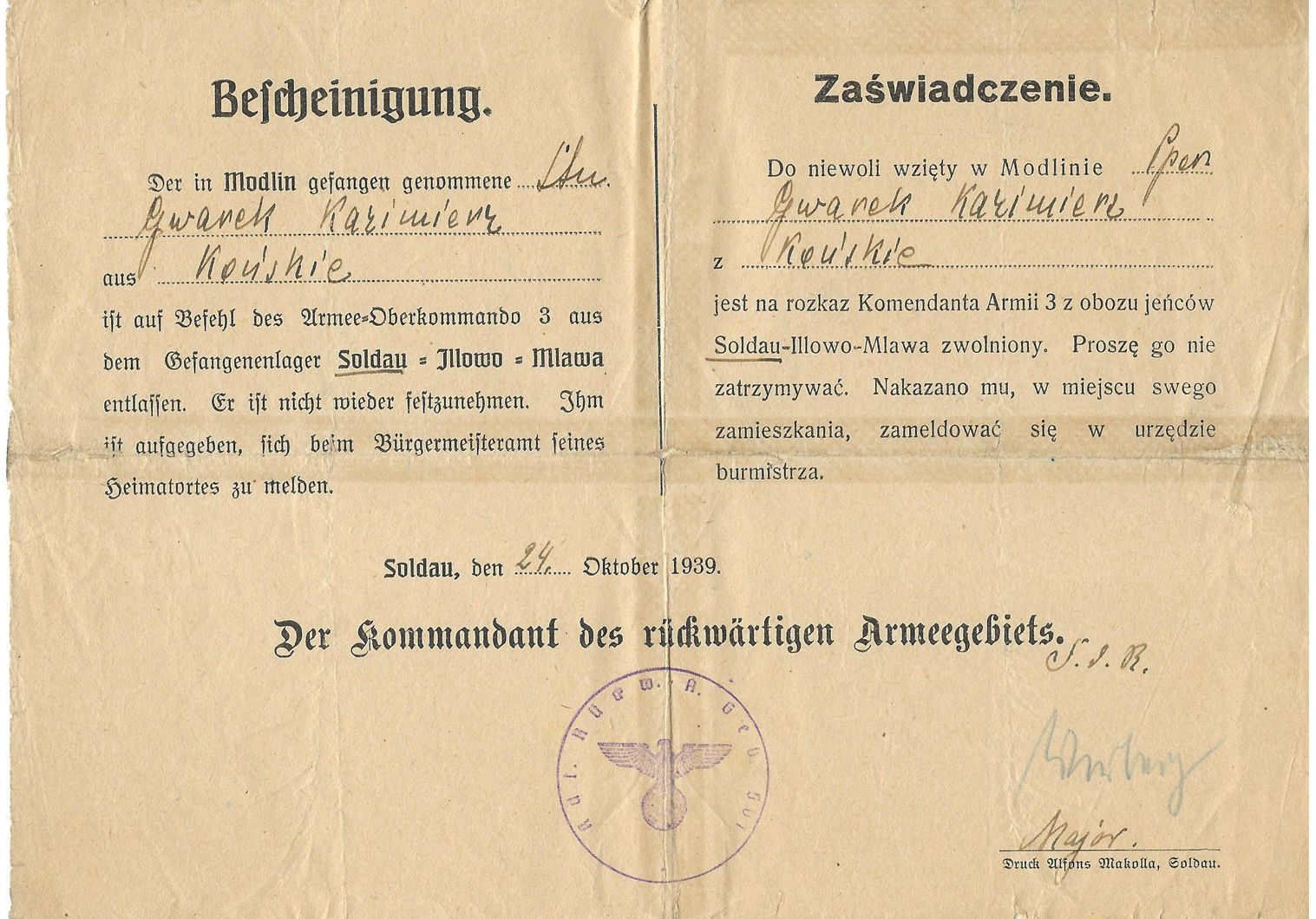 Soldau POW camp release certificate