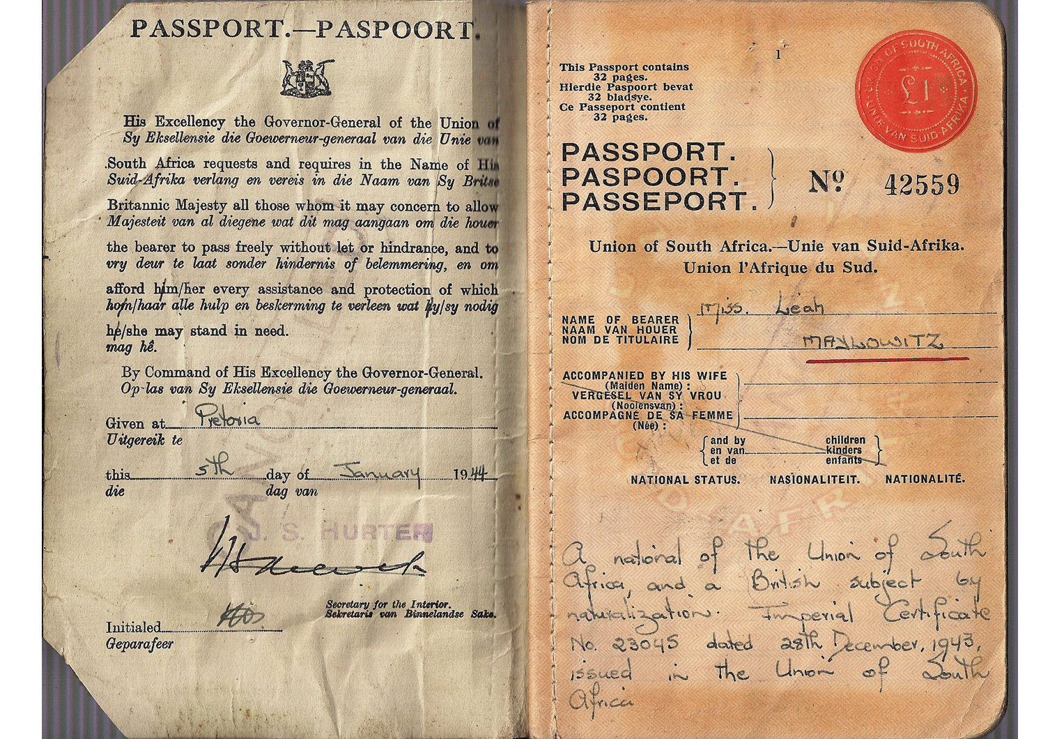 1944 issued South African passport
