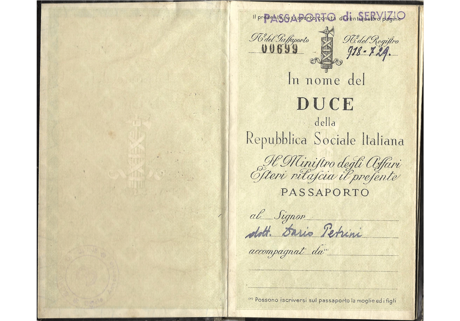 1944 Passaporto di Servizio (RSI)