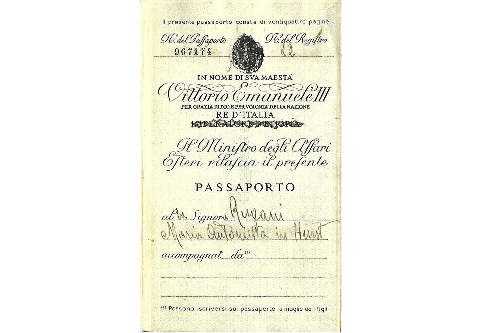 1941 Italian passport used for the US