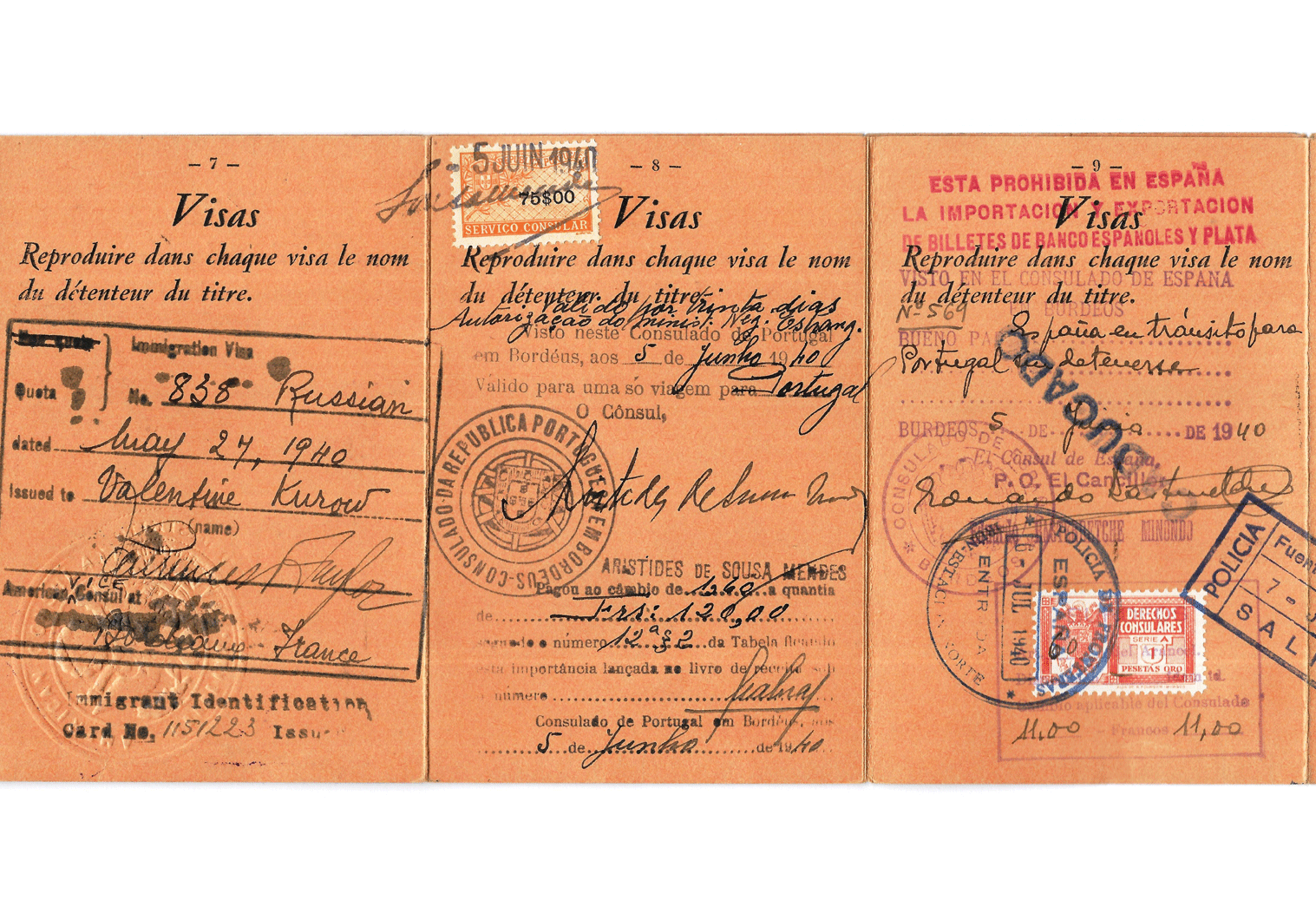 Nansen passport with life-saving visa by Aristides de Sousa Mendes