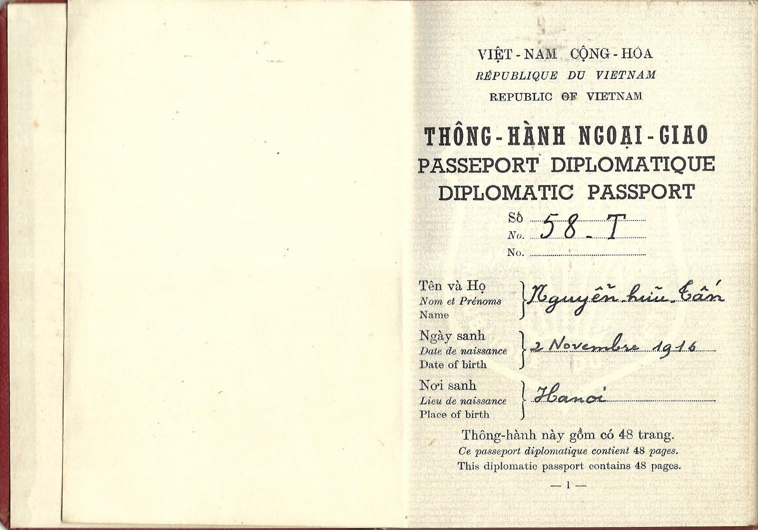 1958 Vietnamese Diplomatic passport